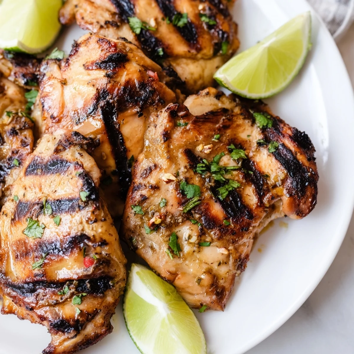 Golden brown grilled cilantro lime chicken thighs with visible char marks and zesty herb marinade glistening on top