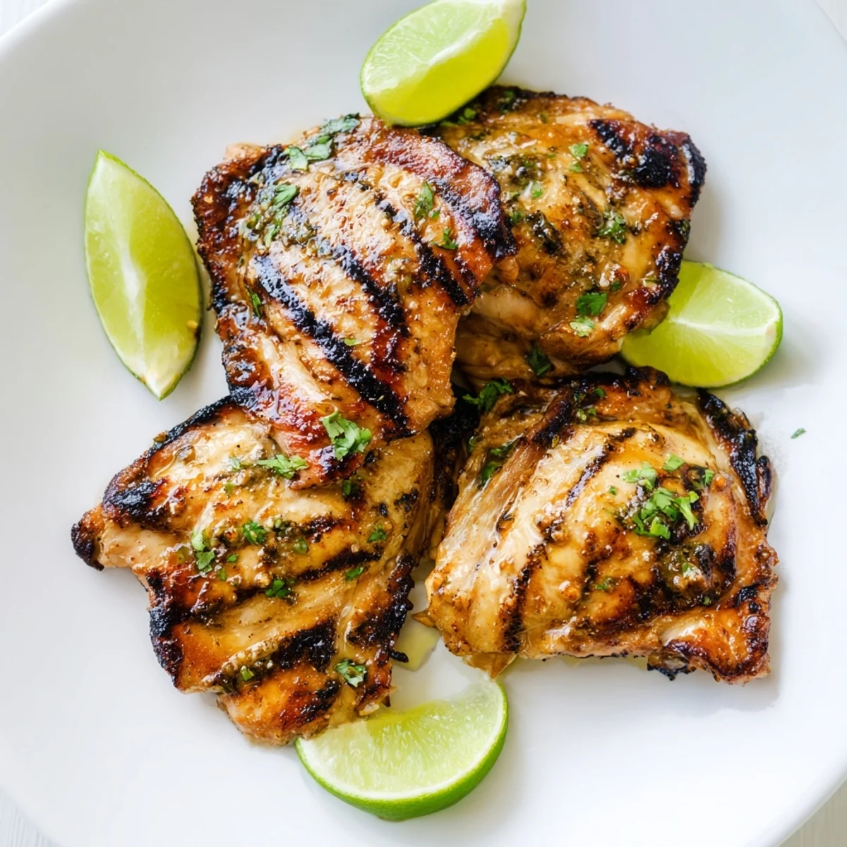 Juicy chicken thighs fresh off the grill garnished with vibrant green cilantro sprigs and fresh lime wedges