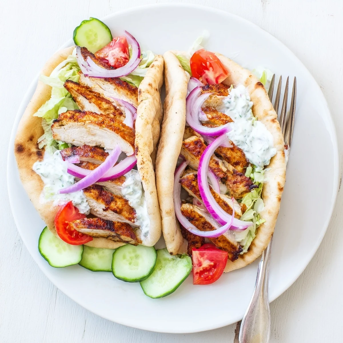 Golden grilled chicken slices stuffed inside warm pita bread with crisp vegetables and creamy tzatziki sauce
