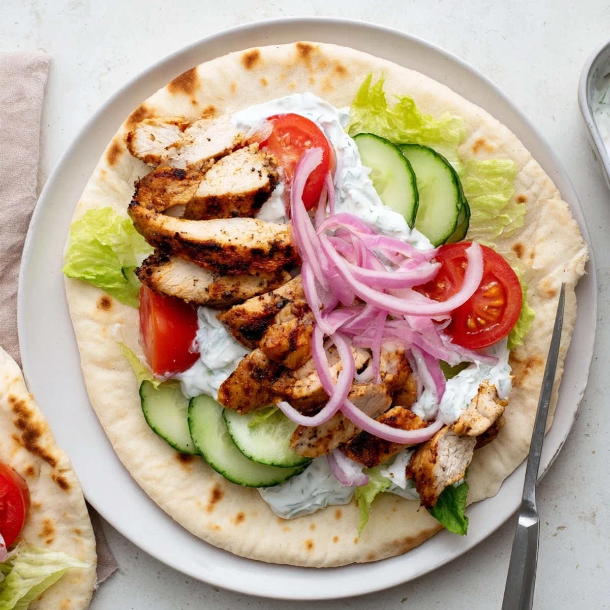 Juicy marinated chicken wrapped in soft pita with fresh tomatoes, cucumber, and tangy Greek yogurt sauce