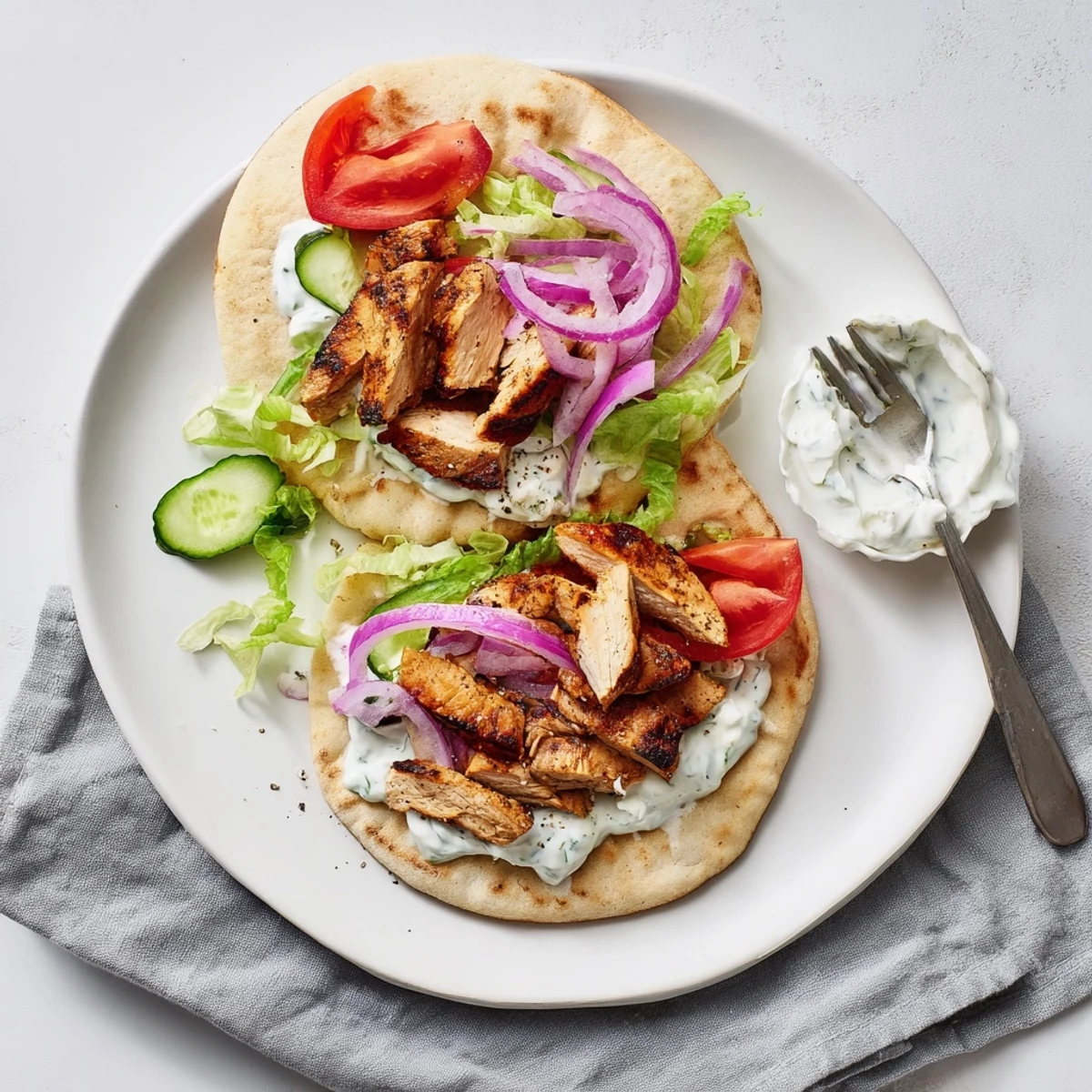 Delicious Greek Grilled Chicken Pita loaded with grilled meat, crunchy veggies, and homemade tzatziki for lunch