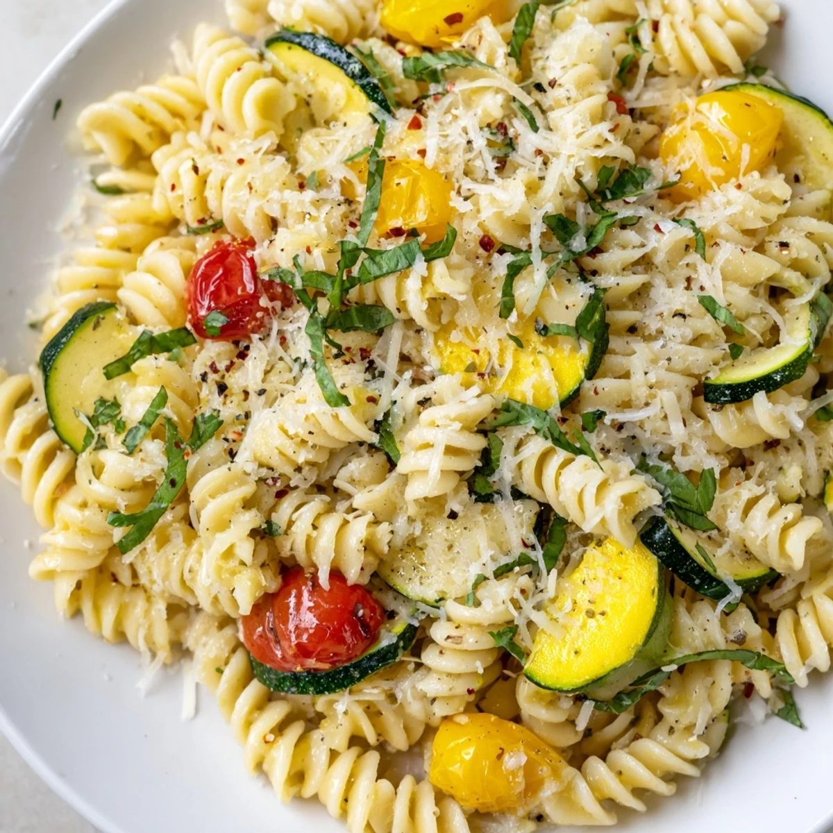 Golden summer squash pasta skillet tossed with cherry tomatoes and fresh basil in a light olive oil sauce