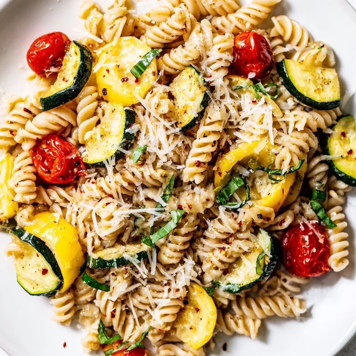 Vibrant skillet of summer squash pasta with colorful vegetables and torn basil leaves, ready for a quick weeknight dinner