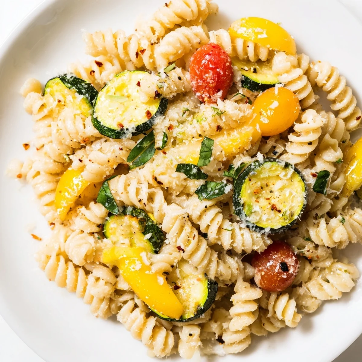 One-pan summer squash pasta featuring tender zucchini, ripe tomatoes, and grated Parmesan in a savory herb sauce