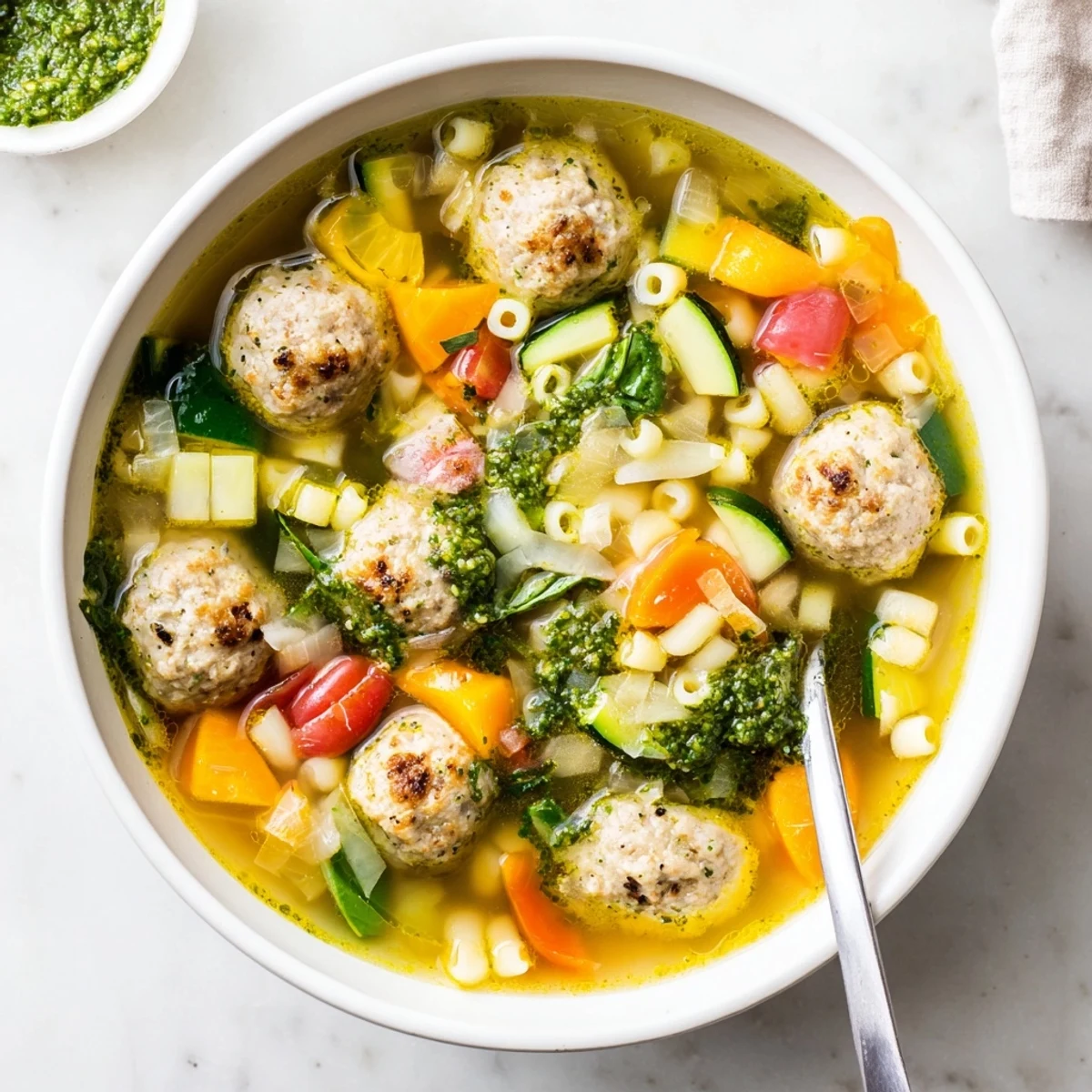 Hearty bowl of summer pesto mini meatball soup with cherry tomatoes, pasta, and fresh spinach