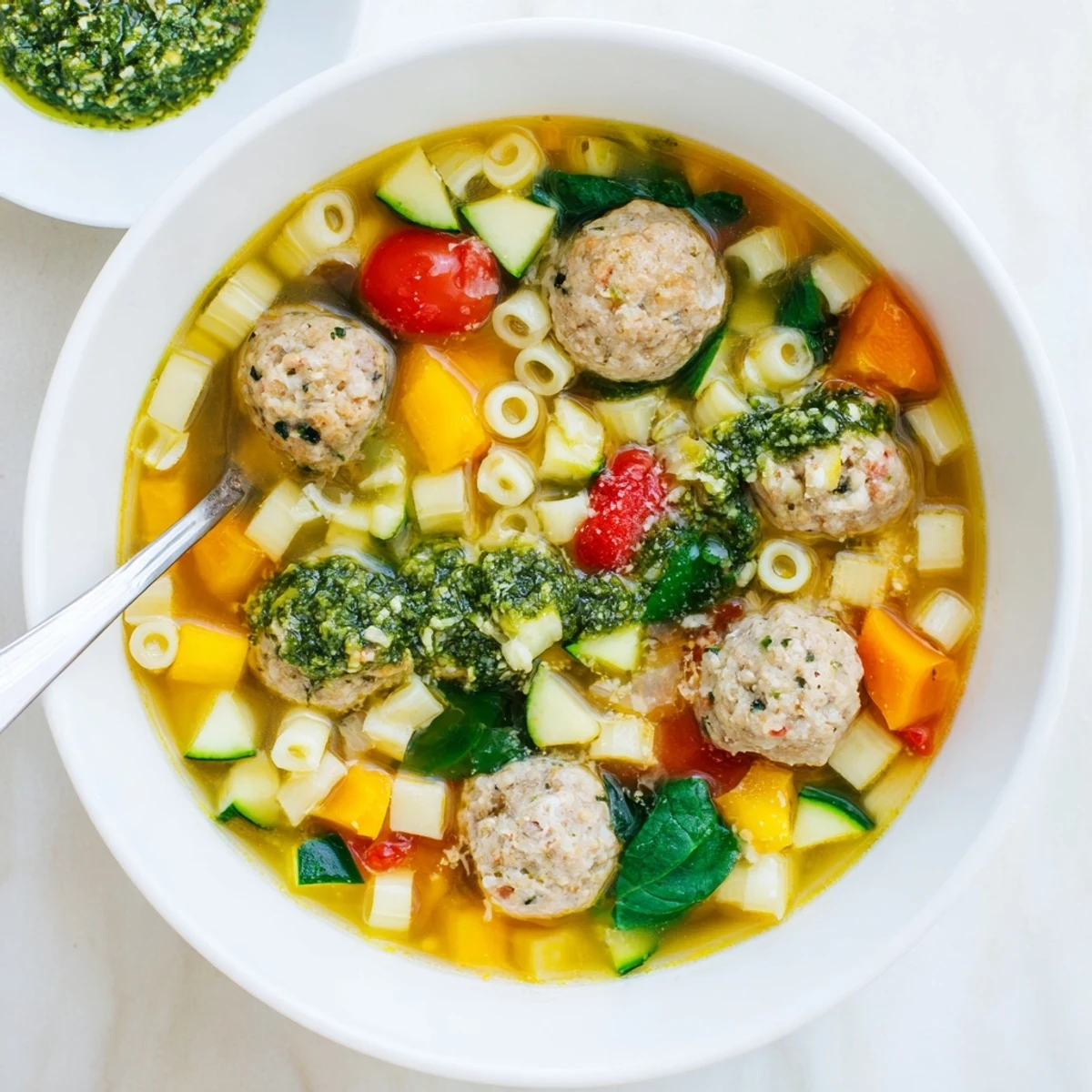Golden summer pesto mini meatball soup featuring tender chicken meatballs, zucchini, and vibrant basil swirl