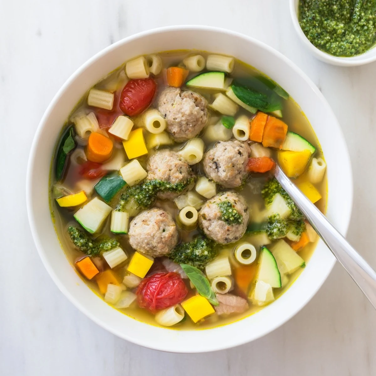 Creamy basil pesto mini meatball soup served with crusty bread, showcasing colorful seasonal vegetables