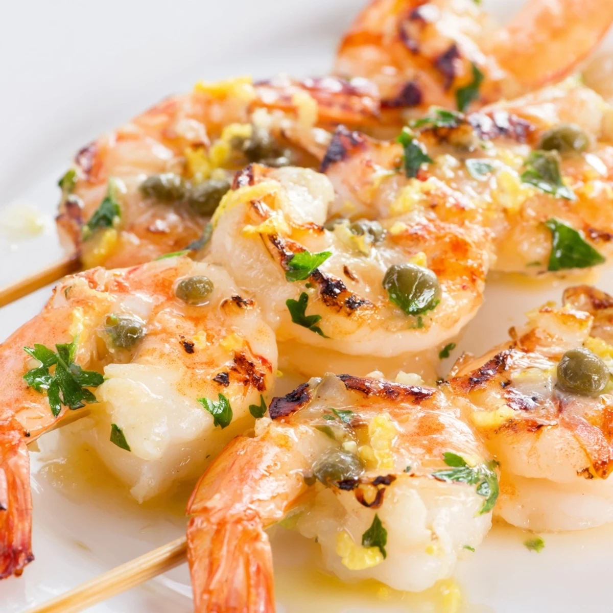 Golden grilled shrimp piccata skewers brushed with zesty buttery lemon caper sauce on a serving platter with fresh parsley garnish