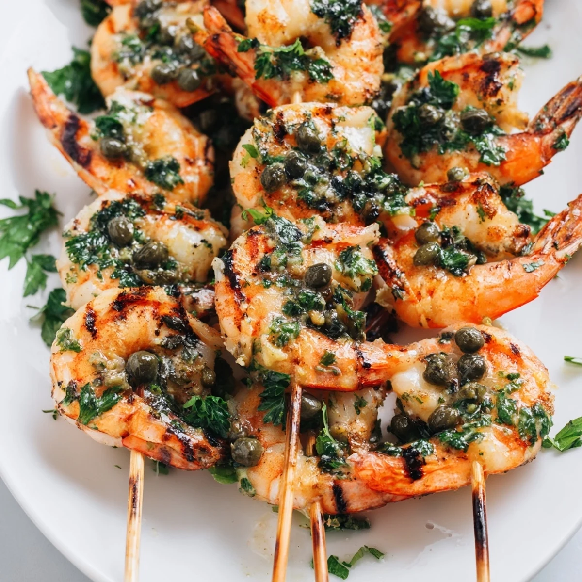 Juicy shrimp threaded on skewers grilled to perfection and drizzled with vibrant piccata sauce alongside bright lemon wedges