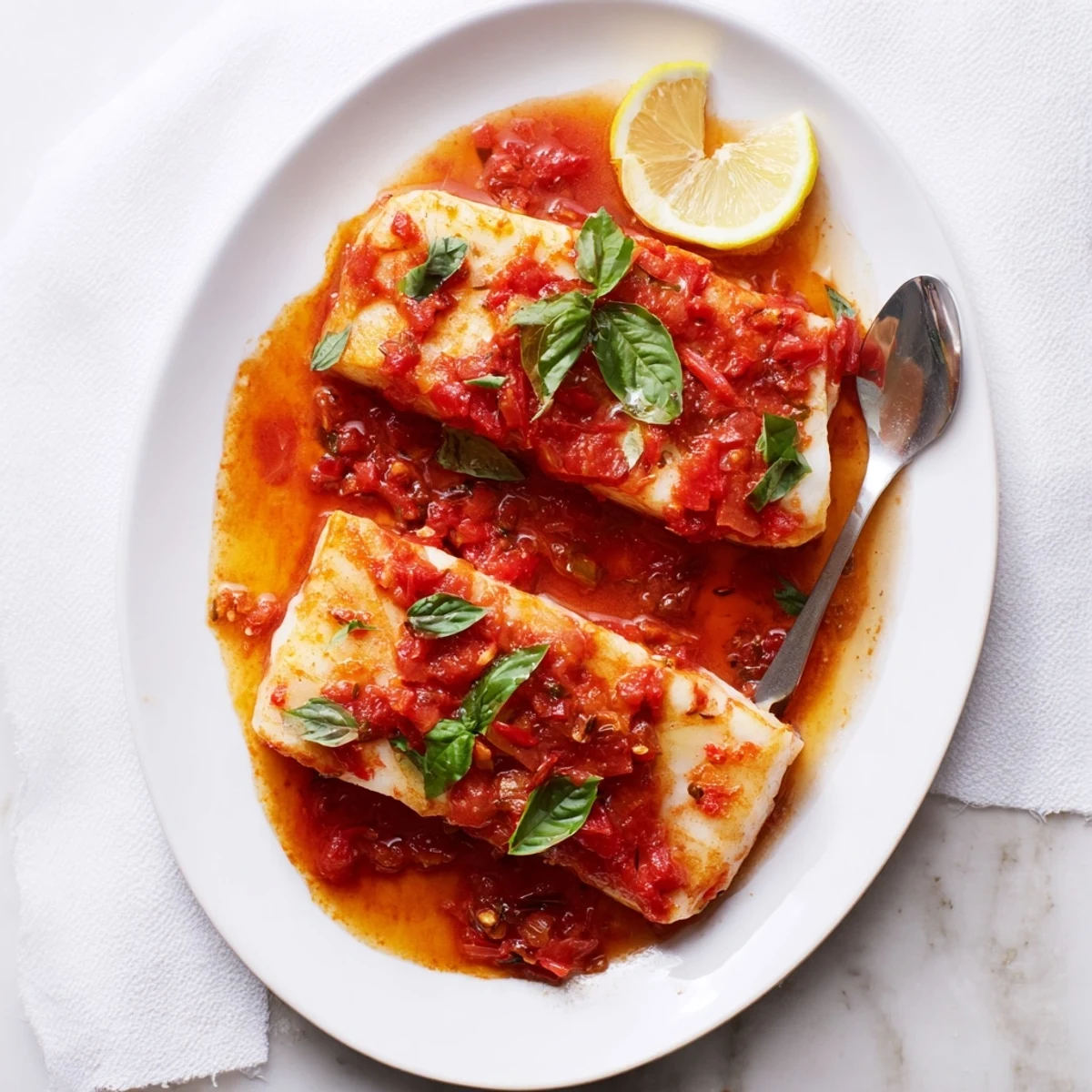 Golden halibut fillets poached in vibrant tomato-butter sauce, finished on the grill with fresh basil garnish