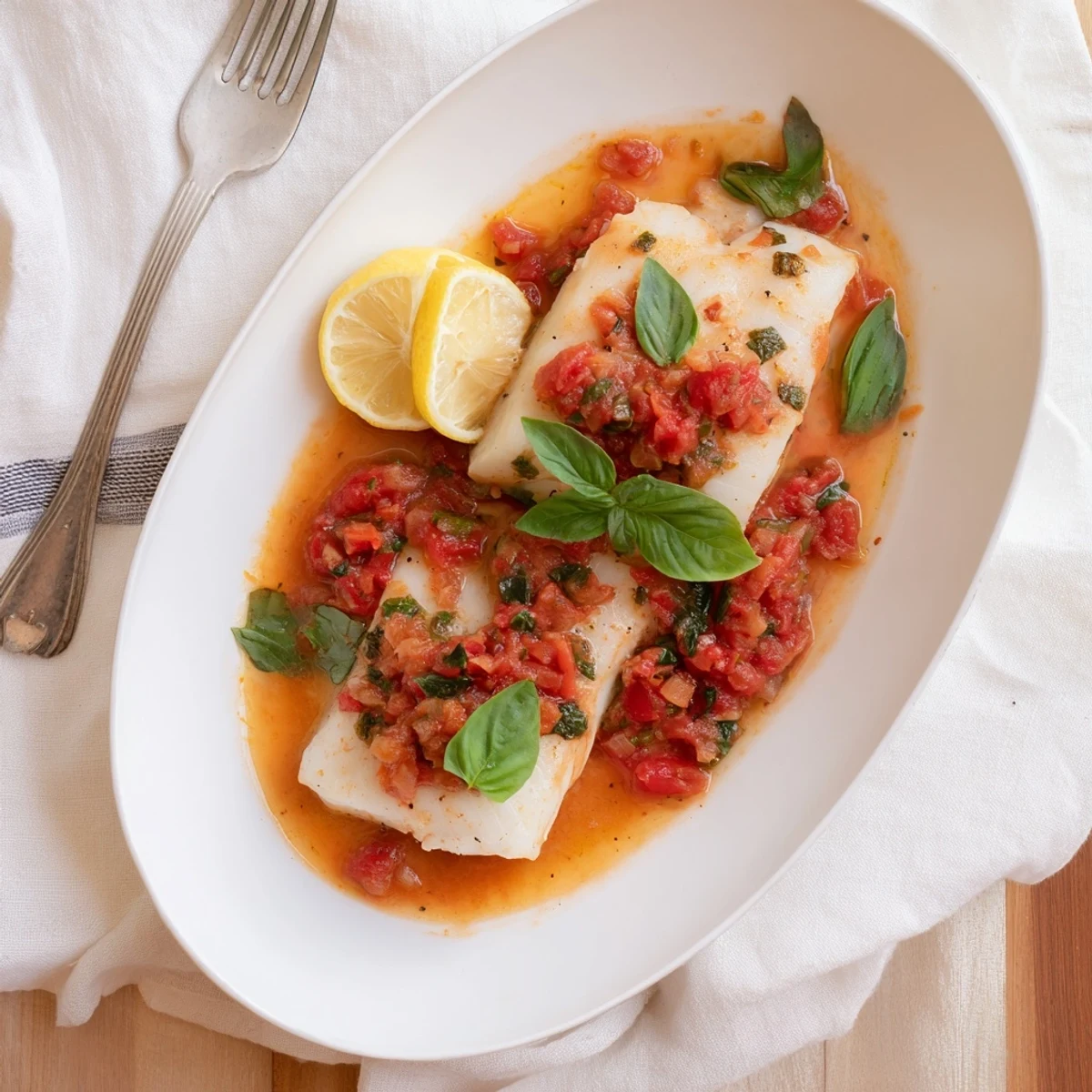 Flaky white halibut swimming in rich red tomato sauce, served with lemon wedges and green basil leaves