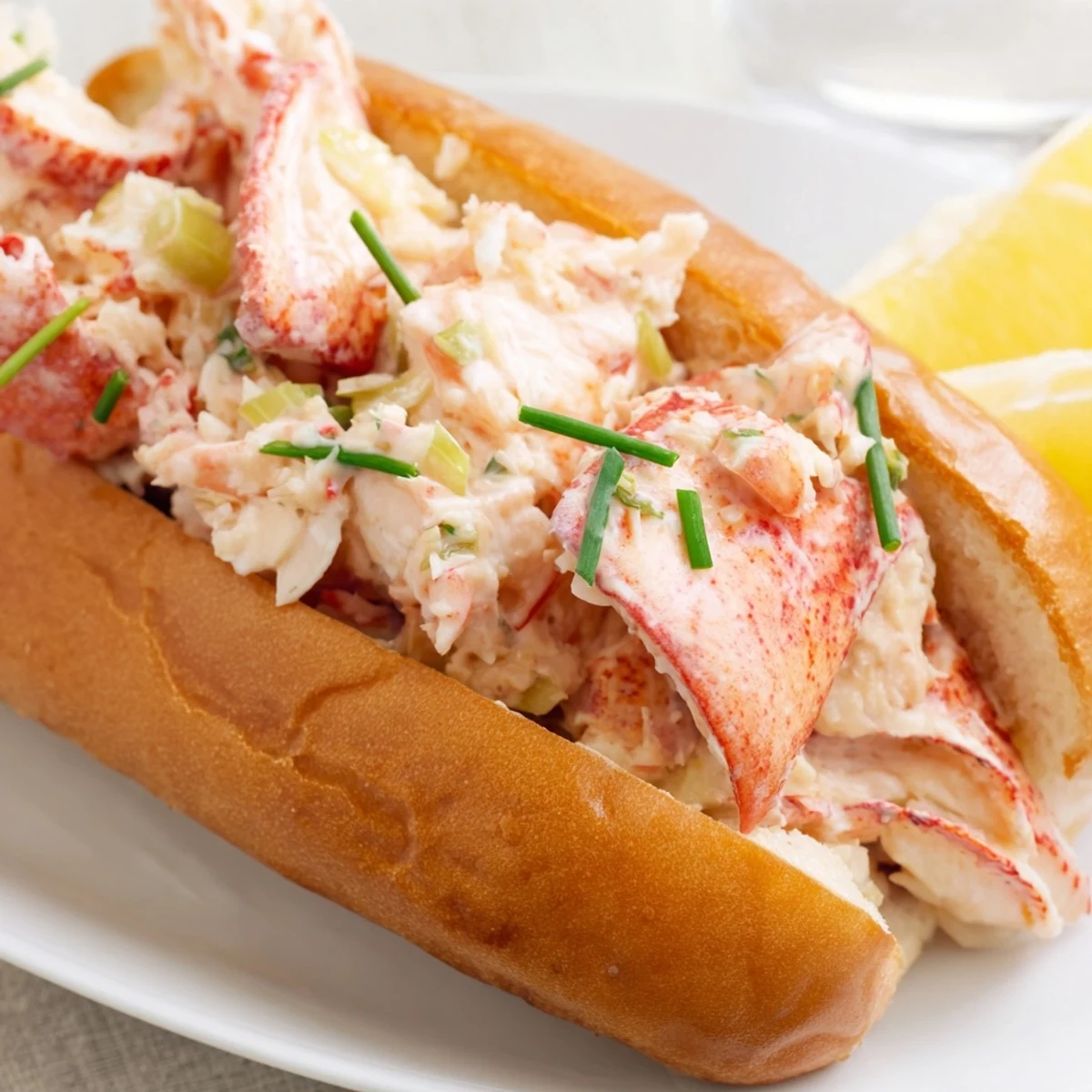 Buttery New England style lobster roll piled high with fresh tender lobster chunks and celery