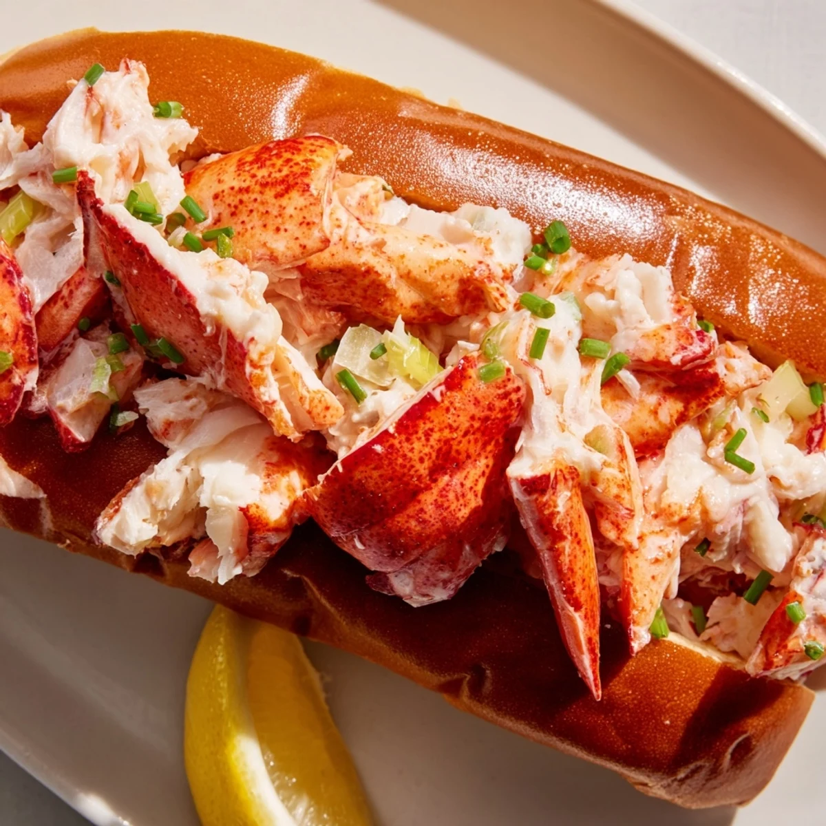 Classic Maine style lobster rolls served in warm toasted buns with lemon wedges on side