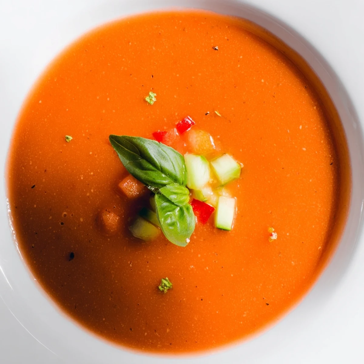 Chilled gazpacho soup featuring vibrant diced vegetable garnish and fresh herbs in white bowls
