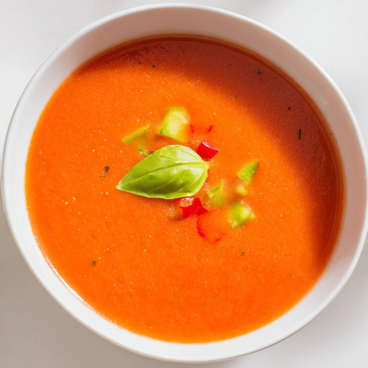Refreshing Spanish gazpacho served chilled with crisp bread and colorful vegetable dice for summer