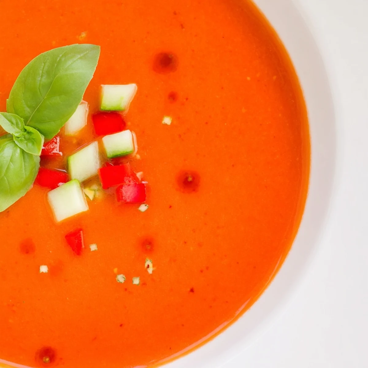 Smooth blended gazpacho recipe drizzled with olive oil and topped with colorful cucumber tomato