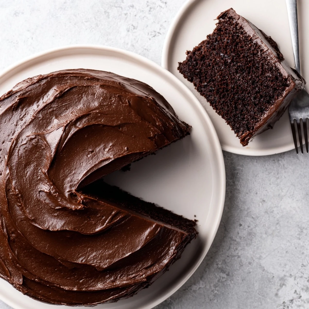 Two-layer Matildas chocolate cake topped with creamy chocolate buttercream frosting, garnished with chocolate shavings