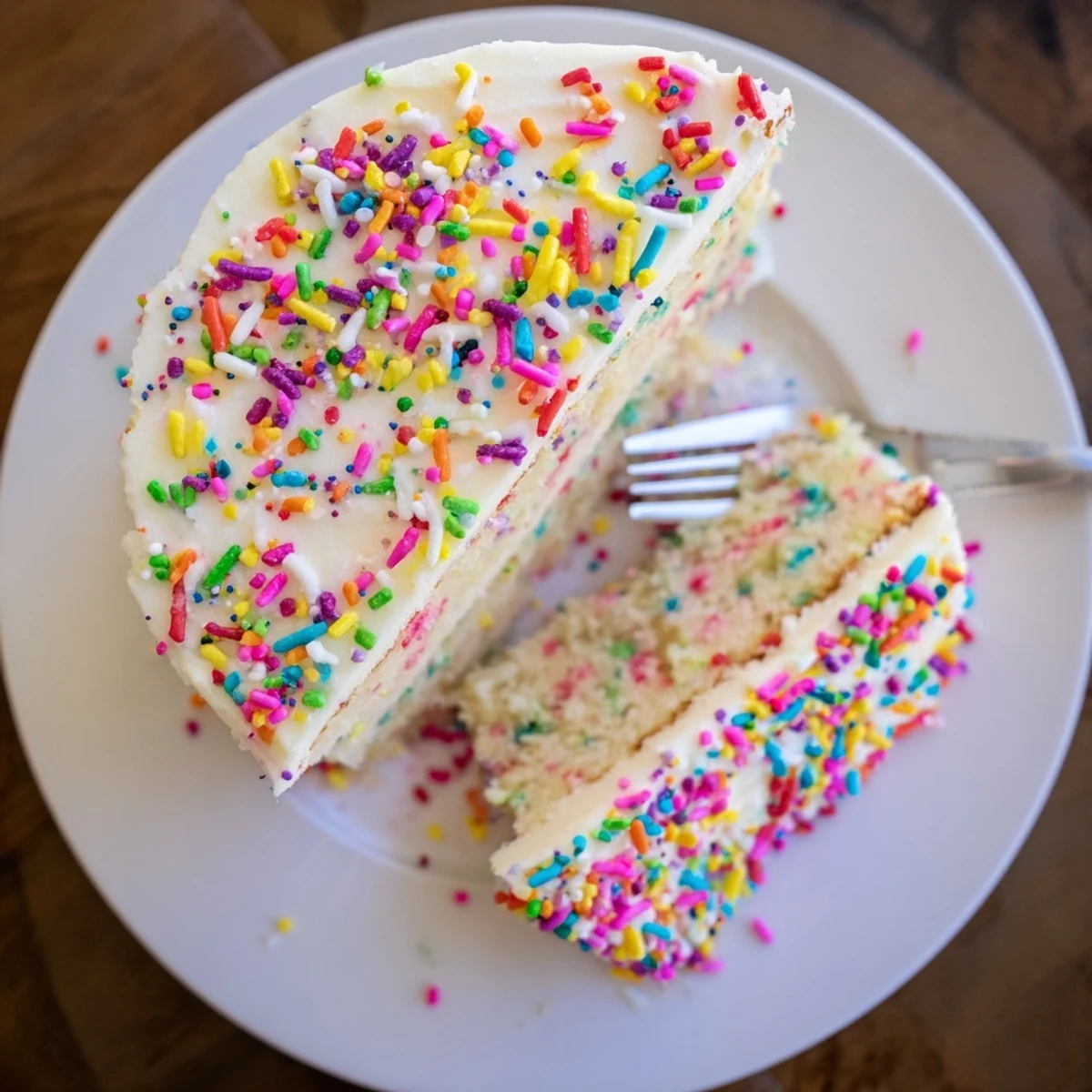 Homemade Funfetti Cake slice showing rainbow sprinkles throughout the fluffy vanilla layers