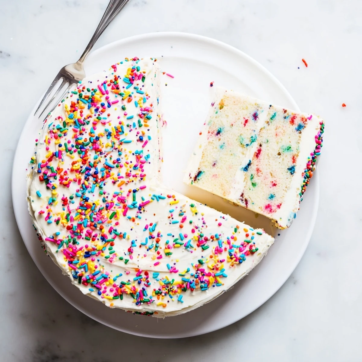 Frosted Funfetti Cake with colorful confetti speckles and buttercream on a white plate