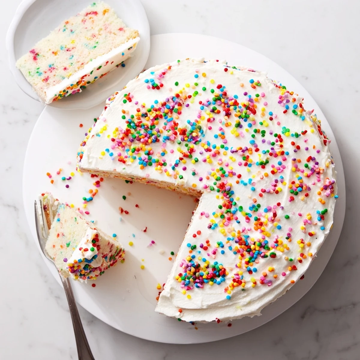 Birthday style Funfetti Cake displaying vibrant rainbow jimmies inside the golden crumb