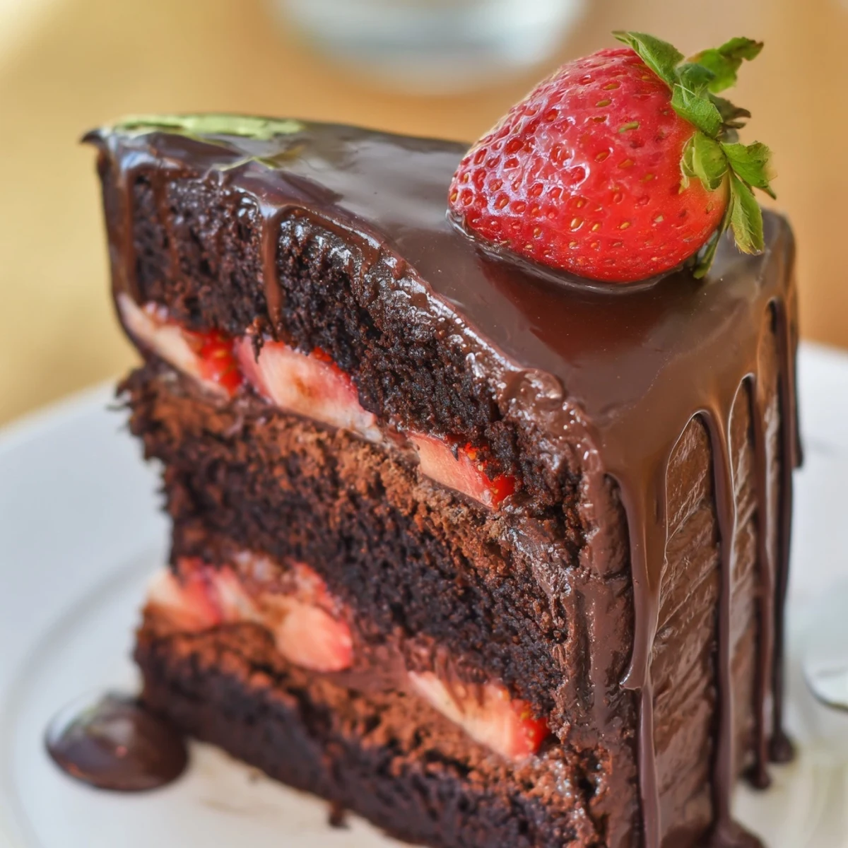 Moist chocolate layer cake topped with glossy ganache and decorated with ripe red strawberries