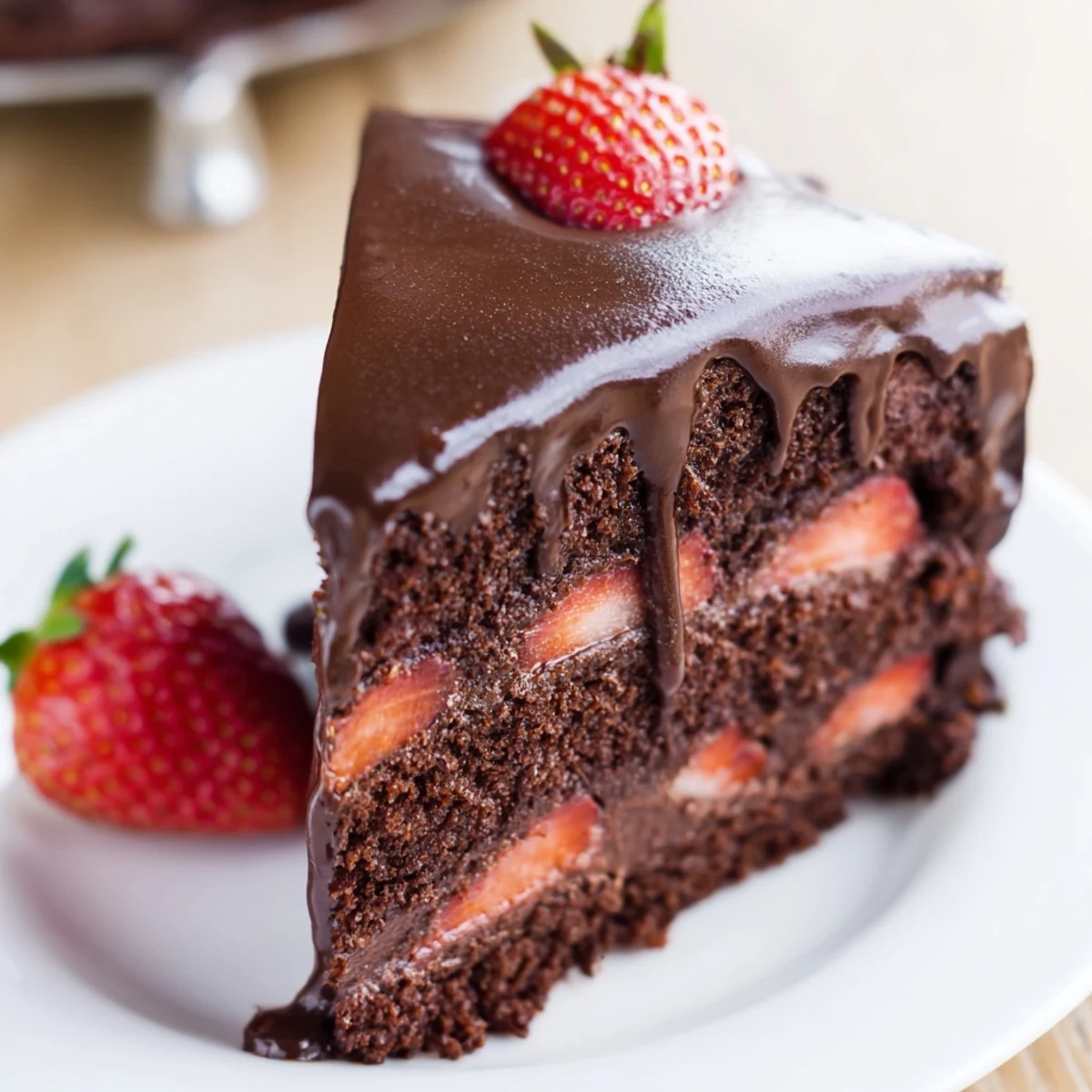 Decadent strawberry chocolate cake showcasing rich chocolate ganache and vibrant fresh strawberry slices