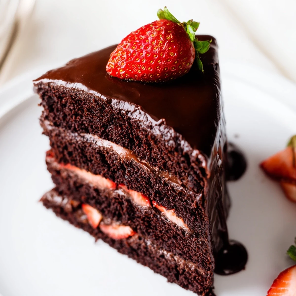 Slice of strawberry chocolate cake revealing luscious ganache filling and fresh strawberry layers