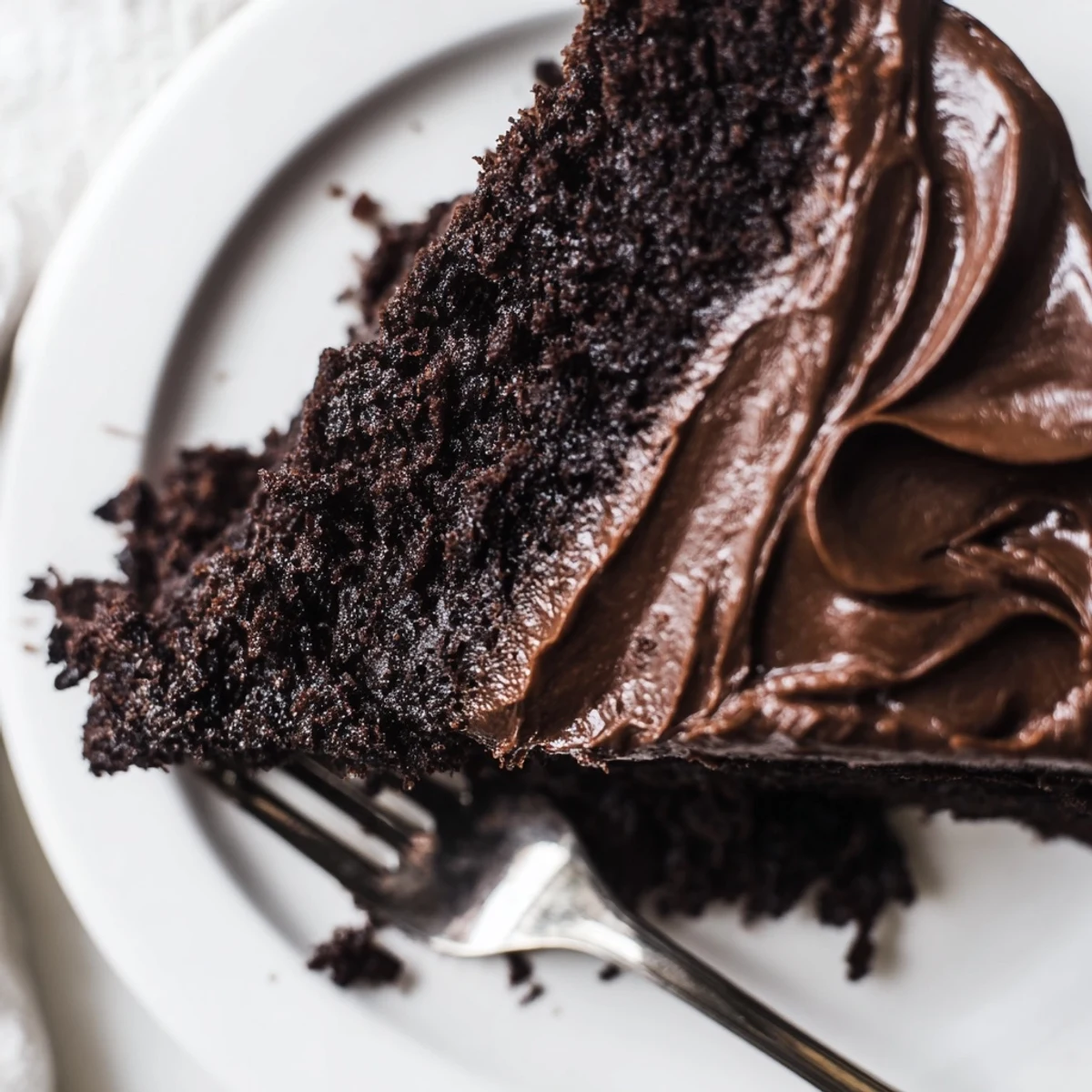 Two-layer Matilda chocolate cake slice revealing tender crumb beneath rich chocolate buttercream frosting.