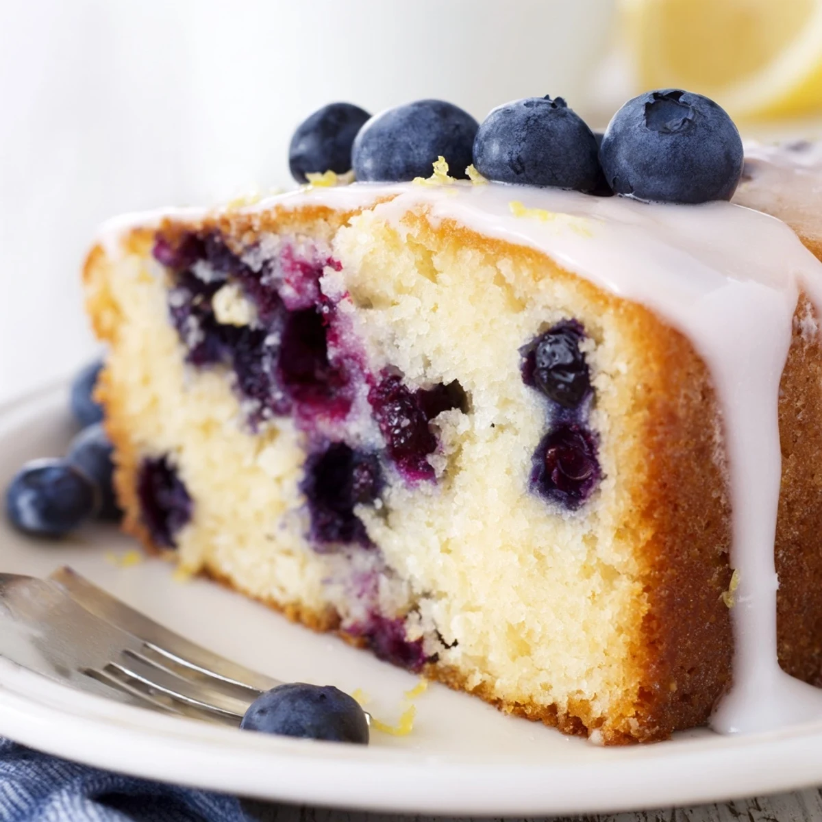 Fluffy lemon blueberry cake slice bursting with purple berries and zesty citrus undertones