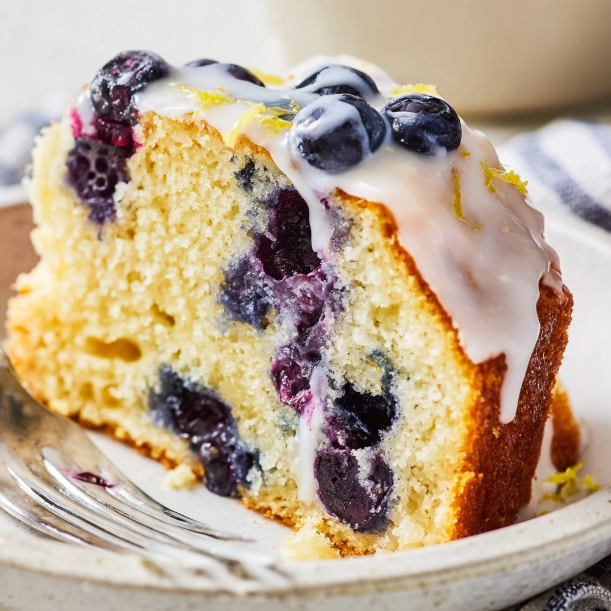 Homemade lemon blueberry cake drizzled with tangy lemon glaze on a white serving plate