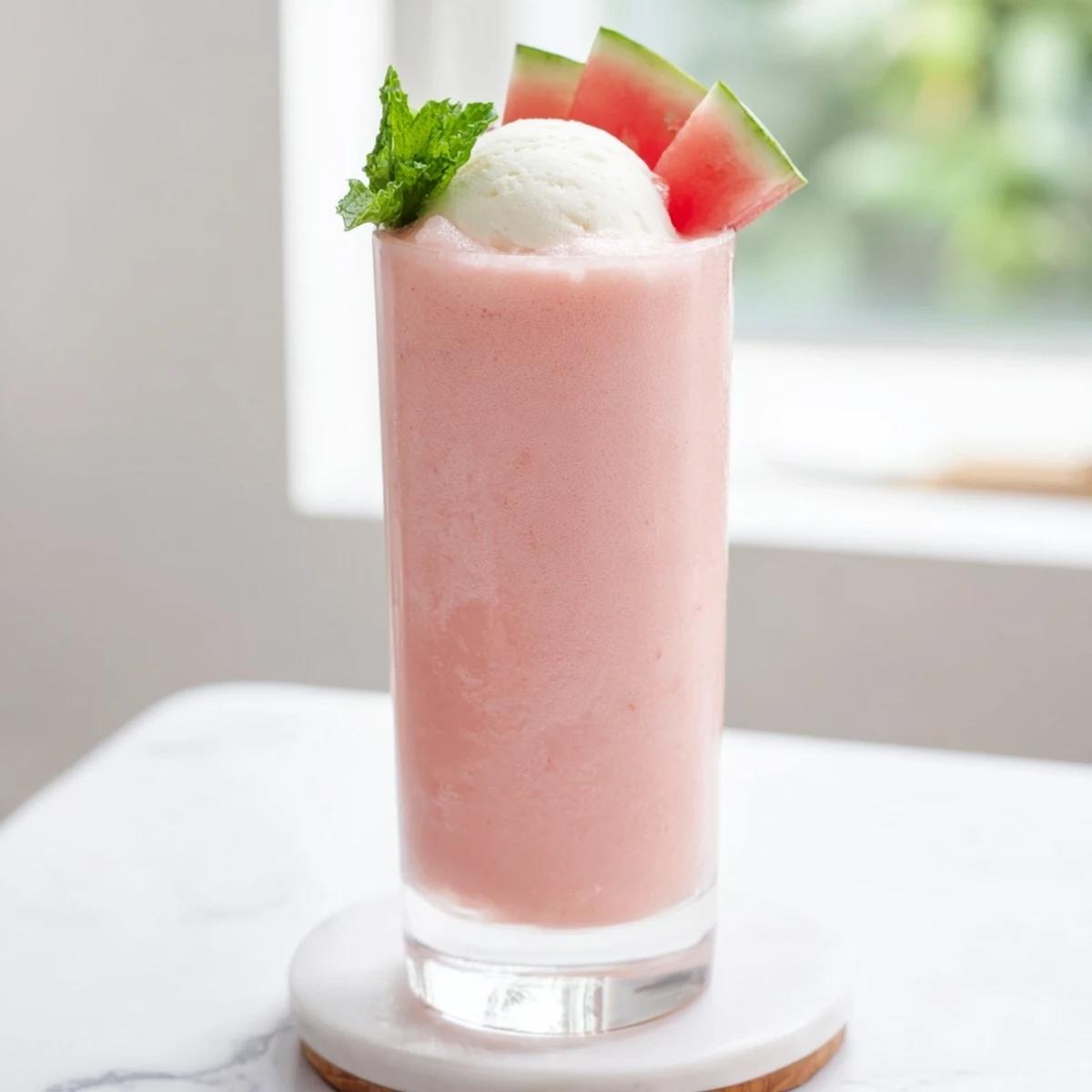 Tall glass of refreshing watermelon milkshake topped with whipped cream and fresh mint garnish on wooden table
