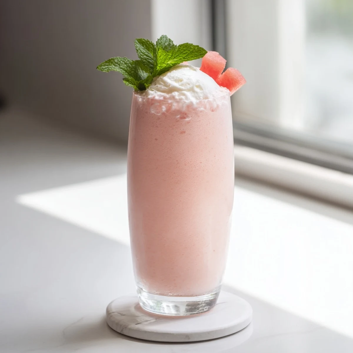 Creamy pink watermelon milkshake served in mason jars with watermelon wedge garnish for summer treat