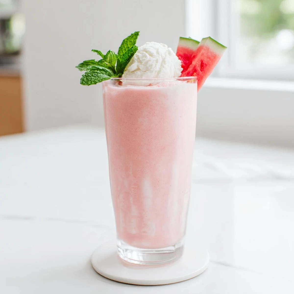 Frosty blended watermelon milkshake with ice crystals and straw on white background perfect hot weather drink