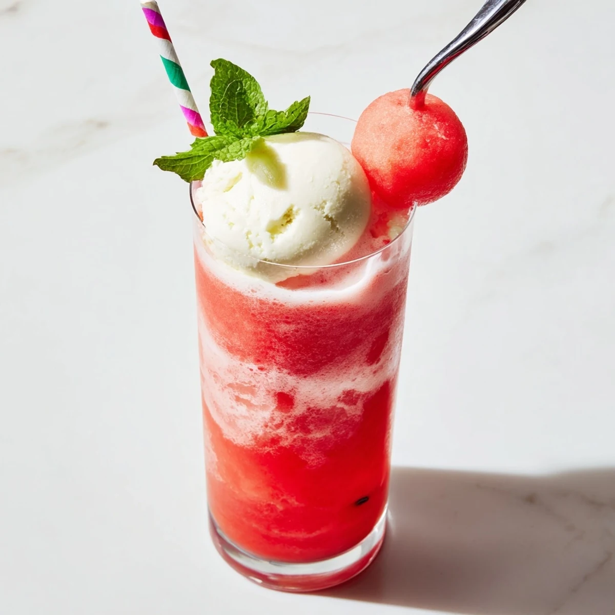 Refreshing watermelon ice cream floats with vanilla scoops in sparkling lemon-lime soda glasses