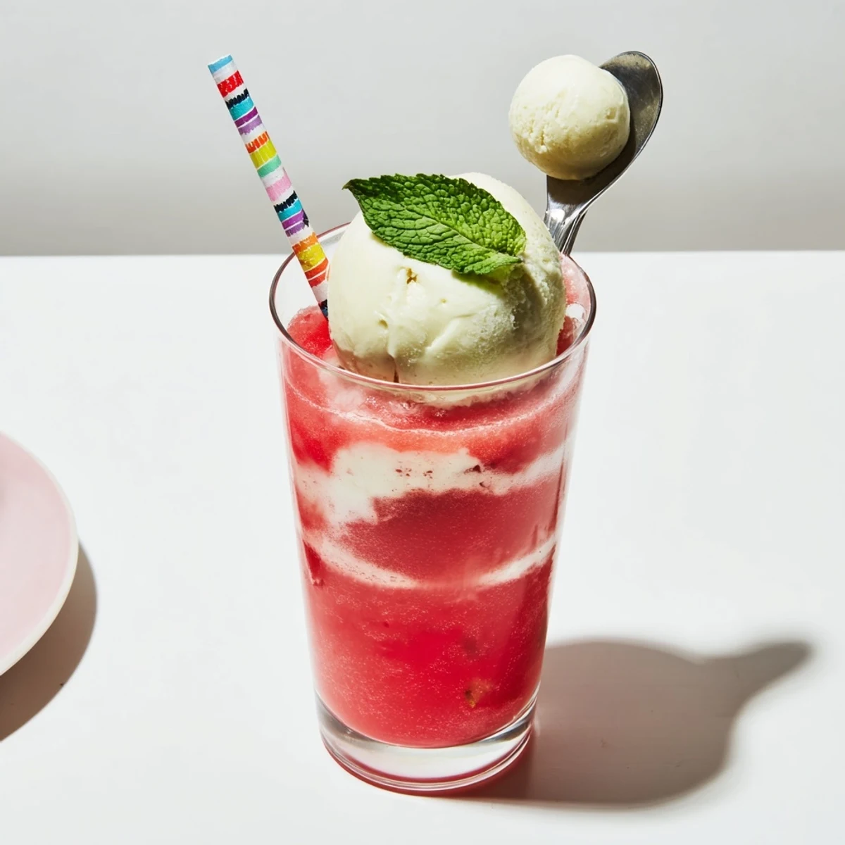 Tall glass of watermelon ice cream floats topped with fresh mint and watermelon slices