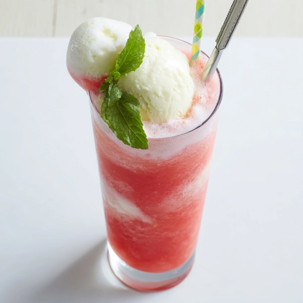Summer watermelon ice cream floats garnished with mint and juicy watermelon balls on top