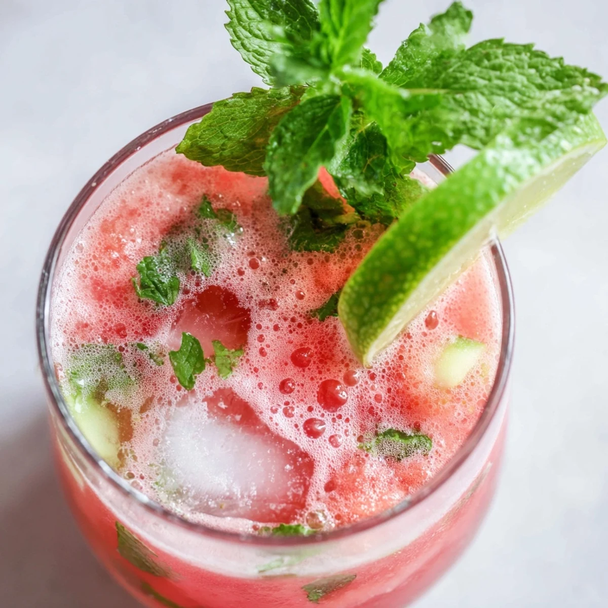 Garnished glass of low carb watermelon refresher with fresh mint sprig and lime wedge on ice