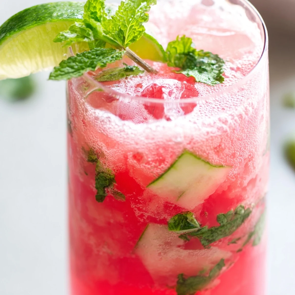 Pink low carb watermelon refresher poured over ice in a tall glass with cucumber slices