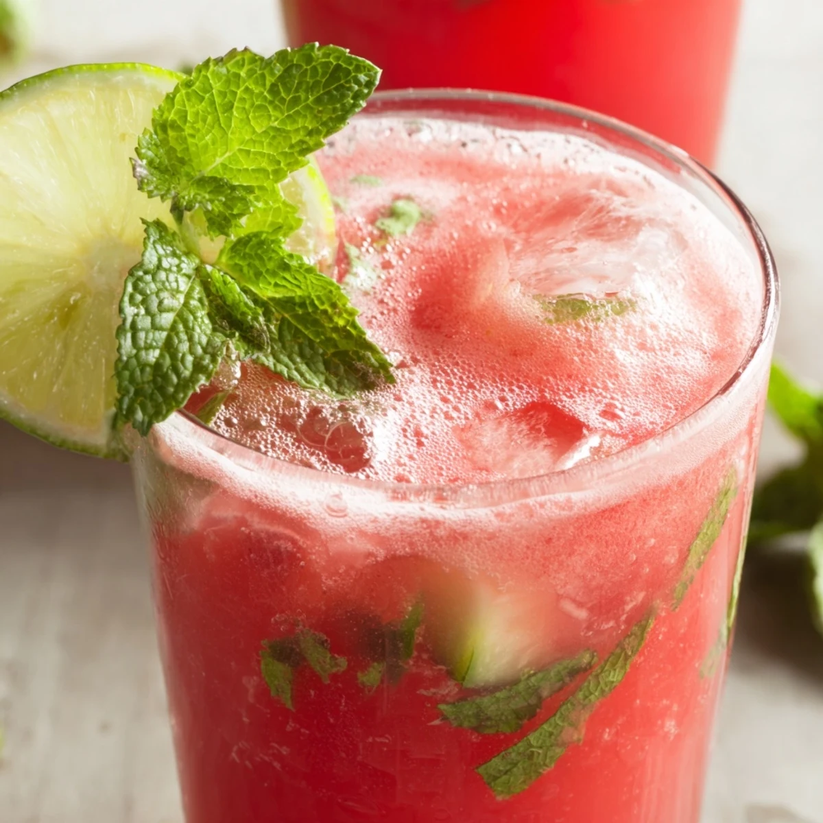 Refreshing low carb watermelon refresher in mason jar topped with mint leaves and sparkling water