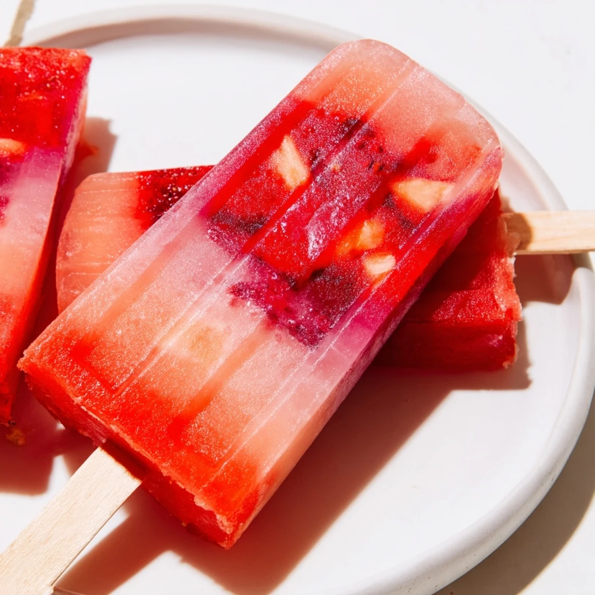 Homemade strawberry watermelon popsicles with fresh fruit chunks frozen in molds on a wooden table