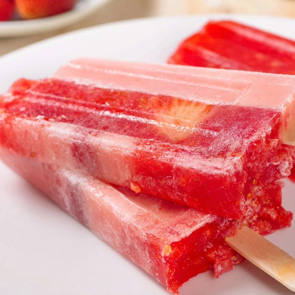 Layered strawberry watermelon popsicles showing vibrant red and pink swirls with popsicle sticks ready for freezing