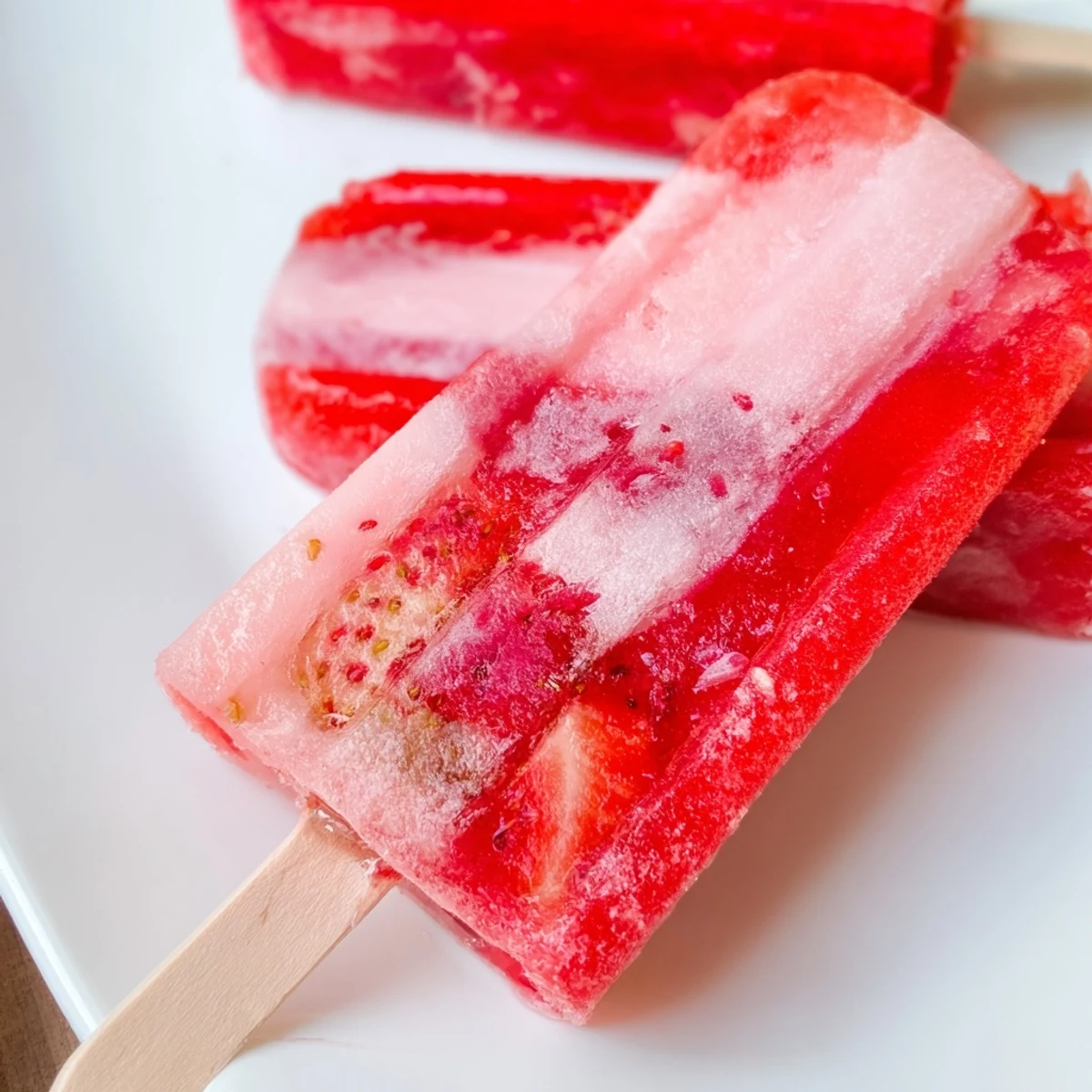 Summer strawberry watermelon popsicles displayed on white plate with fresh strawberries and watermelon slices alongside
