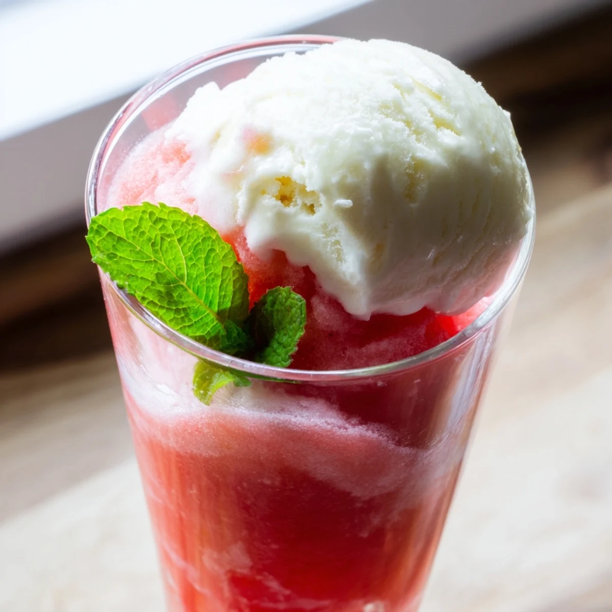Tall glass of watermelon mango floats topped with vanilla ice cream and fresh mint garnish