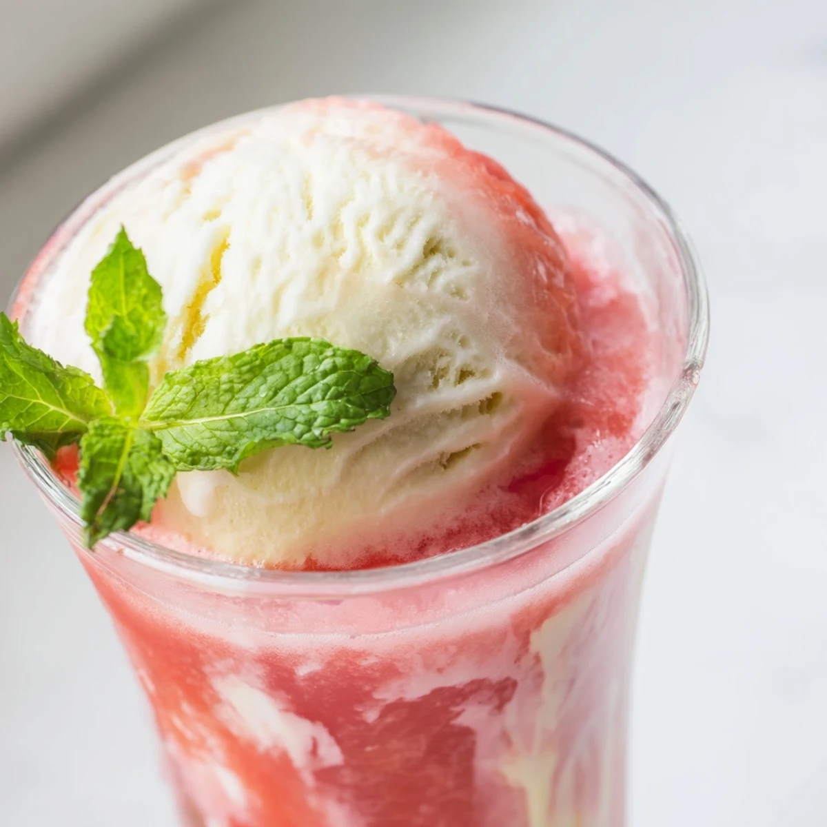 Creamy vanilla ice cream floating in blended watermelon mango mixture with sparkling lemon lime soda