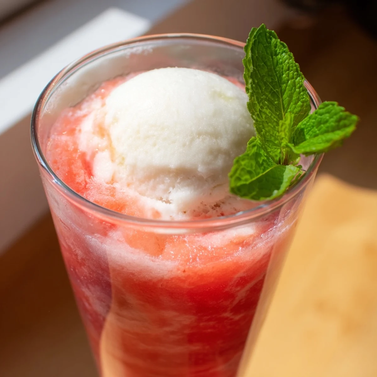 Refreshing watermelon mango floats dessert drink served in tall glasses with scoops of melting ice cream