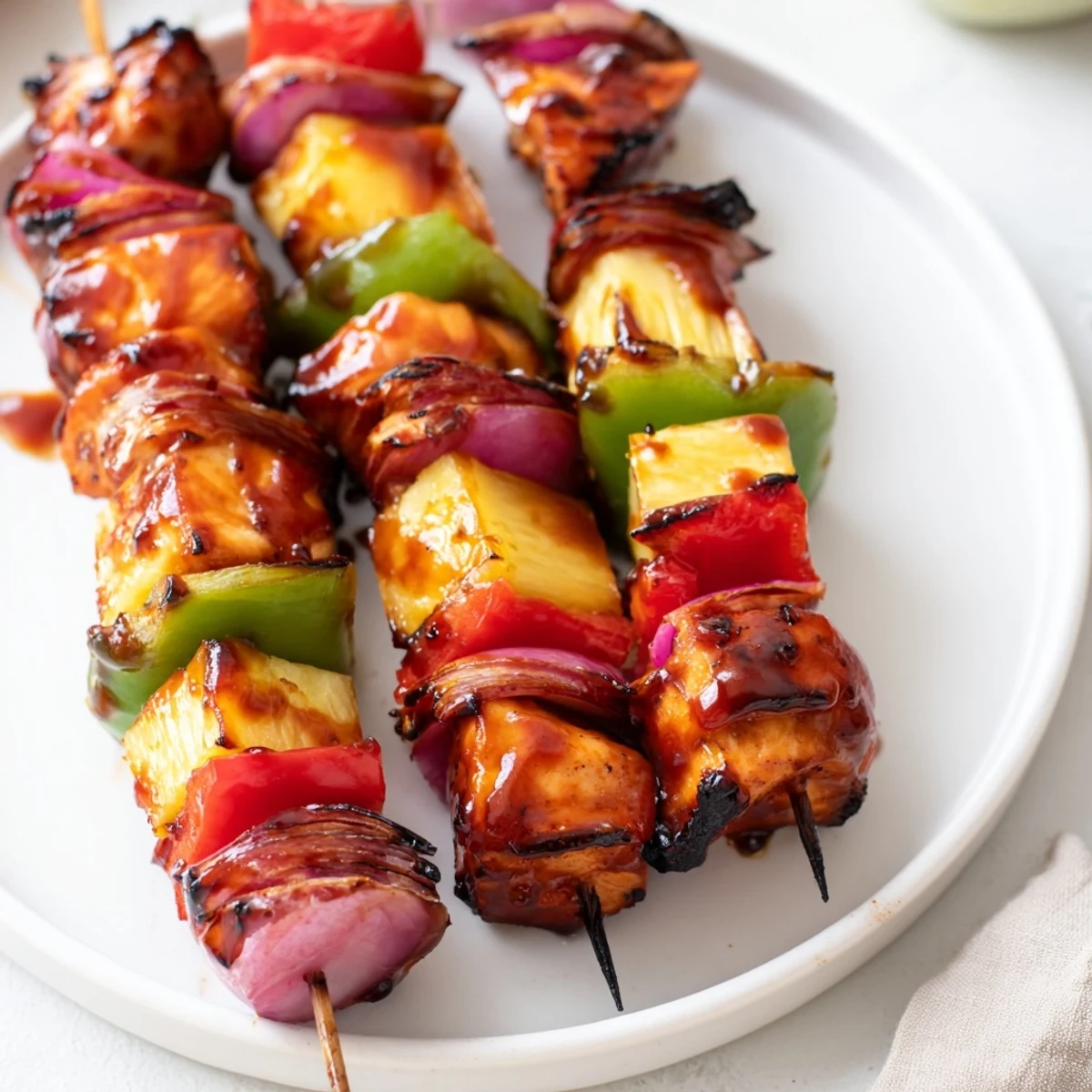 Grilled Bbq Pineapple Chicken Kabobs glistening with sauce, charred edges, juicy
