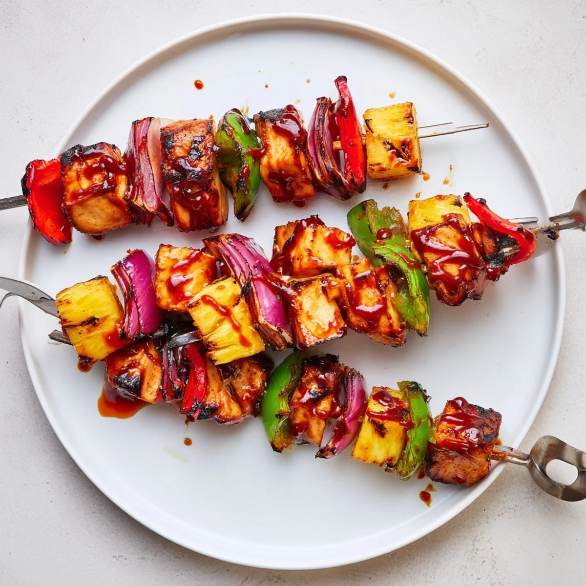 Sticky Bbq Pineapple Chicken Kabobs resting on platter, served hot with rice