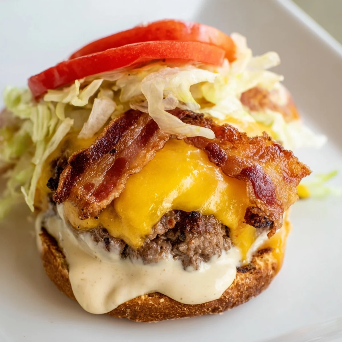 Homemade crack burgers layered with special sauce, fresh lettuce, tomato, and red onion