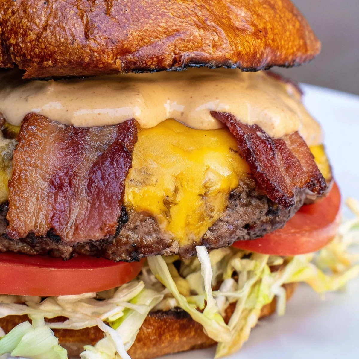 Stacked crack burgers featuring seasoned beef patties with tangy barbecue mayo sauce and golden toasted buns