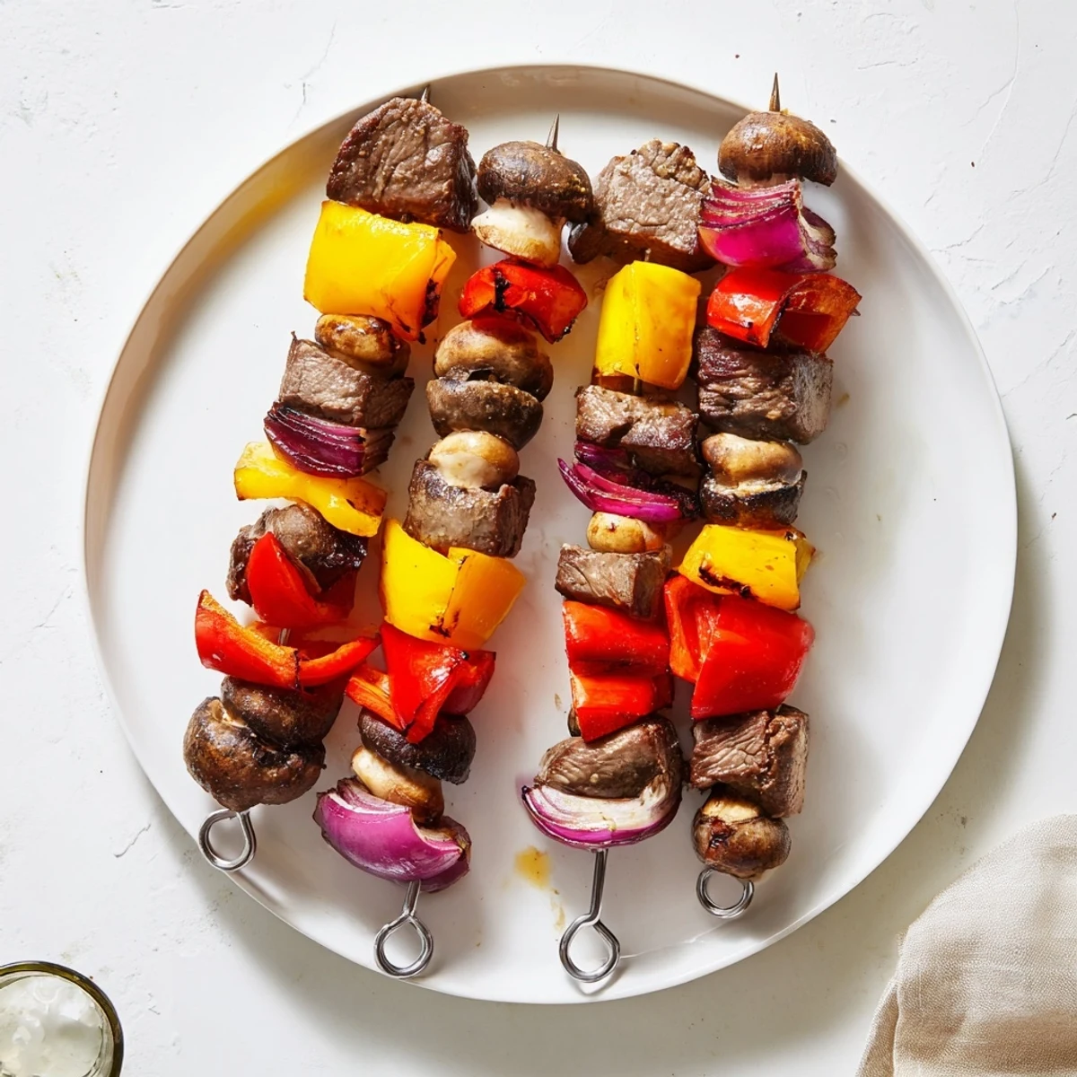 Golden grilled steak kebabs loaded with colorful peppers and onions on a metal skewer